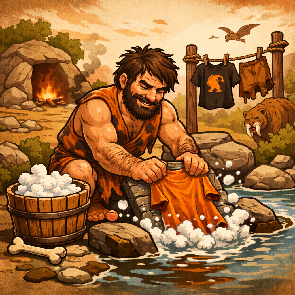Caveman washing clothes